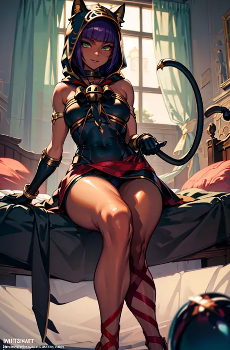 Masterpiece, best quality, absurdres, 1girl, beautiful legs, menat_holiday, light smile, dark skin, Green eyes, egyptian, bob cut, red dress, (black hood), black gloves,(shiny thighs),, tail, bell, bare shoulders,sexy thighs,close up,(beautiful leg))),solo...