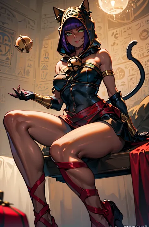 masterpiece, best quality, absurdres, 1girl, beautiful legs, menat_holiday, light smile, dark skin, green eyes, egyptian, bob cu...