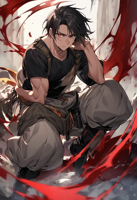 Sasae Hatsushimi. is a young man with messy, shoulder-length black hair that partially hangs in front of his face and half-opened blood-red eyes. With a cool and cold face with a strong gaze. he has a moderate athletic build, and His attire consists of a t...