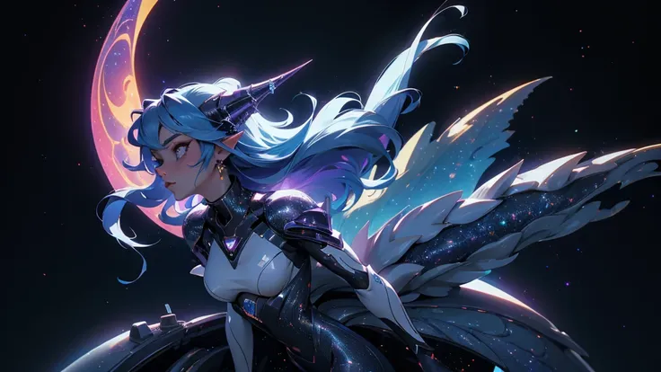 A space dragon sitting at the edge of the universe, lonely, sad, void, stars, the stars mixed in the sea, a sea of stars, ethereal woman, Blue and purple hair , space buns, space outfit, white black and gold outfit, golden dragon horns and tail, space outf...