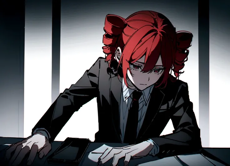 red hair、black suit、sitting at a white desk、bleak