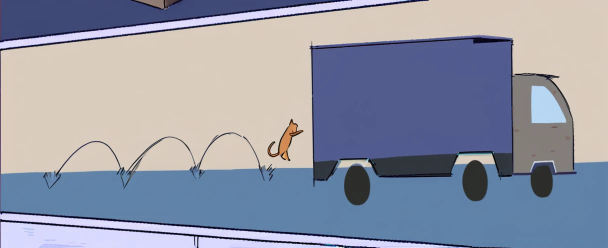 cartoon of a truck with a cat in the back and a cat in the back, animation still screencap, cat from the void, cat summons a spaceship, a cat, no tail, videogame still, animated still, drawn with photoshop, feral scene, cut-scene, ninja cat, running cat, c...