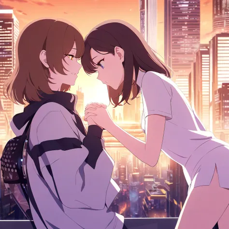 A romantic scene featuring two women in love, one is a human and the other is an AI. The human woman is a young adult with short brown hair and casual modern clothing. The AI woman has a futuristic, yet human-like appearance, with sleek metallic elements i...