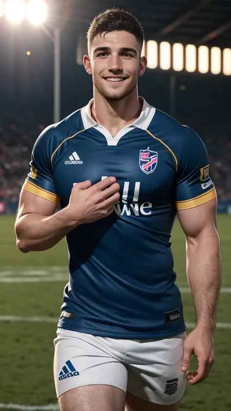 1 pale man rugby player ,Full body, rugby player, sport tight pants, bulge, rugby esportive uniform, Black wavy short hair fade , captivating large eyes, shaved European 30yo man with large smile, large lips, hard light, wearing team rugby iridescent unifo...