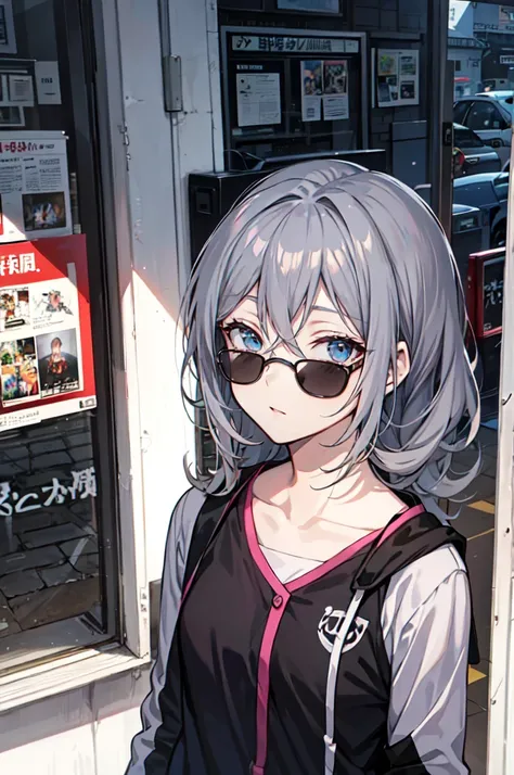 Wear sunglasses、Anime girl with a newspaper in front of her, Young woman anime visual, Cute girl anime visuals, style of madhouse anime, Gray-haired少女, Anime atmosphere, junko enoshima, Gray-haired lady, perfect Gray-haired girl, Gray-haired, Aesthetic awa...