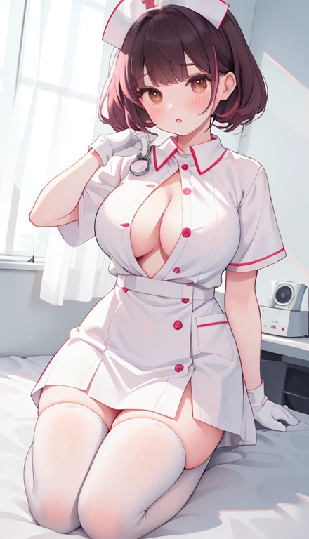 1girl, 独奏, nurse, nurse cap, white wear, ((white legwear, zettai ryouiki)), white gloves, pink hair,  drooping eyes, ((covered nose)), standing, ((hospital room)), sharp outline, short sleeves, best quality, masterpiece，Fleshy，Brown eyes，Black hair，happy，l...