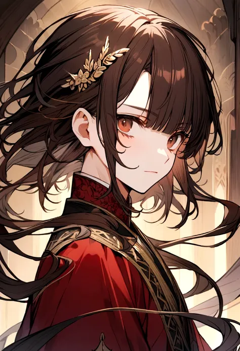 A prince with moderate dark brown hair and bangs which he always pinned with hairpins. His eyes has red brown colour.