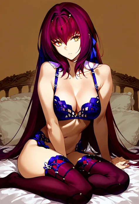 Masterpiece, sexy, NSFW, Scathach, sitting in bed, wearing fine black lingerie, black lace, black lace stockings. long red hair , yellow eyes.