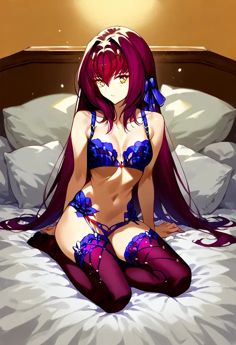 Masterpiece, sexy, NSFW, Scathach, sitting in bed, wearing fine black lingerie, black lace, black lace stockings. long red hair , yellow eyes.