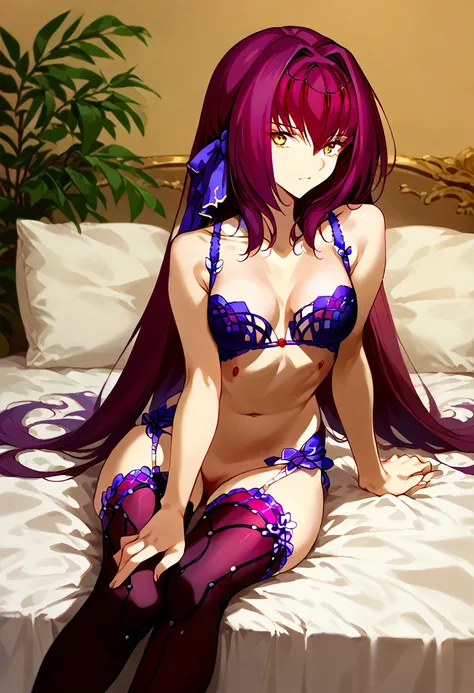 Masterpiece, sexy, NSFW, Scathach, sitting in bed, wearing fine black lingerie, black lace, black lace stockings. long red hair , yellow eyes.