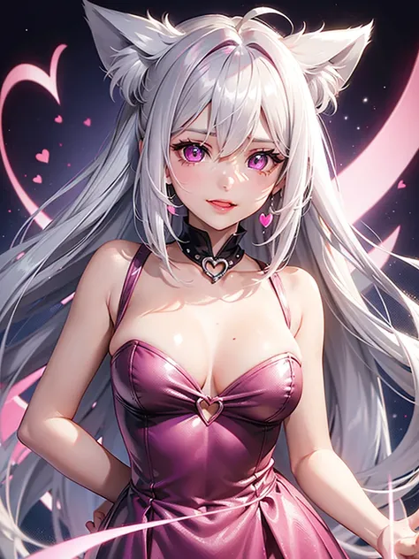 Silver hair, pink eyes, hot pink dress, cat ears, sexy girl, earrings, heart background fantasy, smiley 