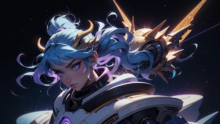 A space dragon sitting at the edge of the universe, lonely, sad, void, stars, the stars mixed in the sea, a sea of stars, ethereal woman, Blue and purple hair , space buns, space outfit, white black and gold outfit, golden dragon horns and tail, space outf...