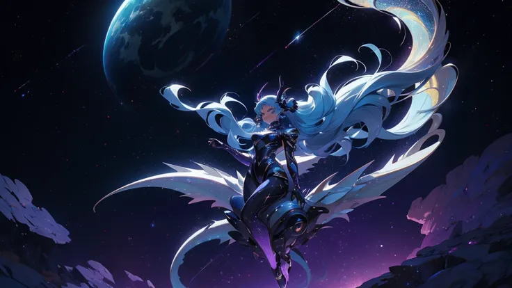 A space dragon sitting at the edge of the universe, lonely, sad, void, stars, the stars mixed in the sea, a sea of stars, ethereal woman, Blue and purple hair , space buns, space outfit, white black and gold outfit, golden dragon horns and tail, space outf...