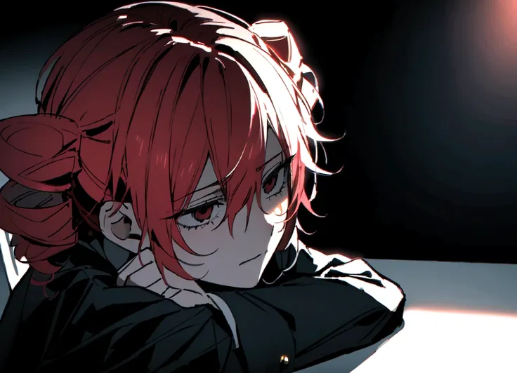 Red hair、Black suit、Sitting at a white desk、Bleak、A remorseful face