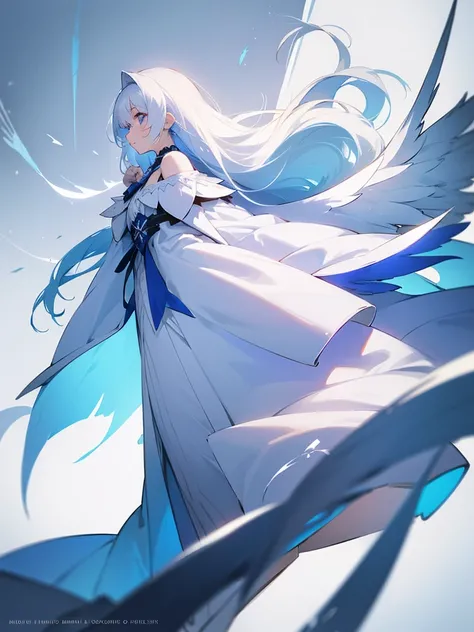 Blue Ribbon, white hair, long hair, wing hair, White wing, off the shoulder coats, white dress, full body, concept art