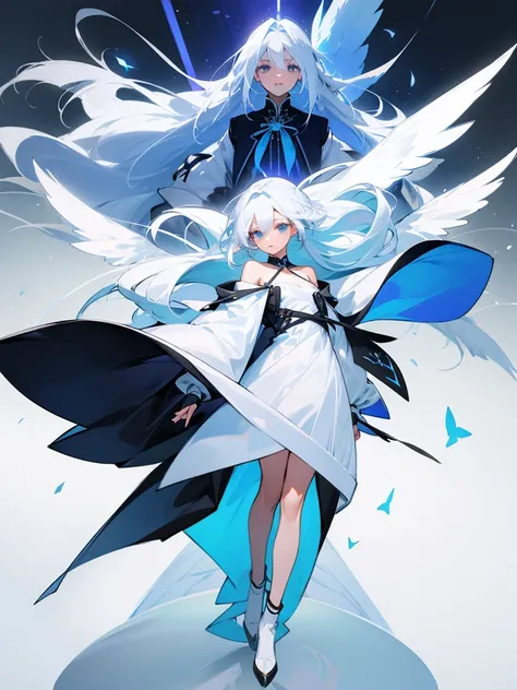 Blue Ribbon, white hair, long hair, wing hair, White wing, off the shoulder coats, white dress, full body, concept art