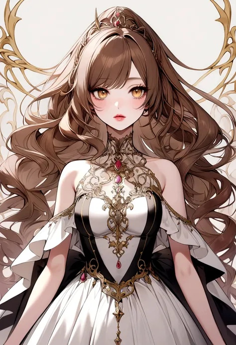 A devilish princess has long brown hair with white colour crossing out and some of her hair is tied she has golden eyes, and her lips has natural pink colour, she wear black and white colored dress