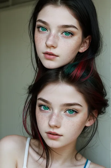 I want a drawing of an 18 year old girl, with black hair painted with red and blue highlights, pale skin with freckles on her cheeks and green eyes 