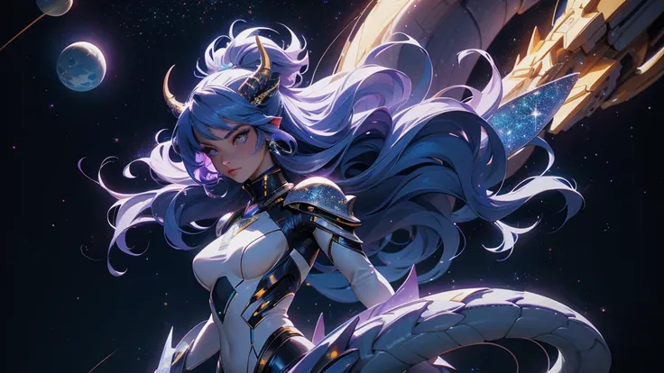 A space dragon sitting at the edge of the universe, lonely, sad, void, stars, the stars mixed in the sea, a sea of stars, ethereal woman, Blue and purple hair , space buns, space outfit, white black and gold outfit, golden dragon horns and tail, space outf...