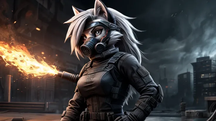 Loona from Helluva Boss, female white wolf, anthro, short white hair, grey eyes, fire resistant ballistic reinforced combat suit, gas mask with visor, standing, serious, detailed, solo, beautiful, high quality, 4K