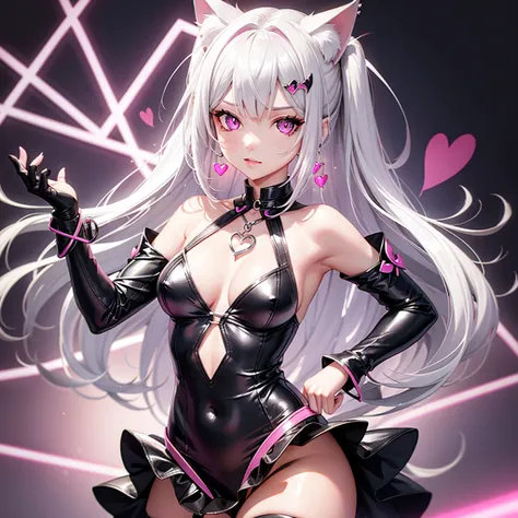 Silver hair, pink eyes, hot pink dress, cat ears, sexy girl, earrings, hearts background fantasy