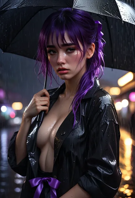 a  in sad expression under the black umbrella, hard rain, straddle clothes, tears, purple ribbon hair, dark night background, extremly detailed, epic digital photo art, artgerm, 8k, epic realism