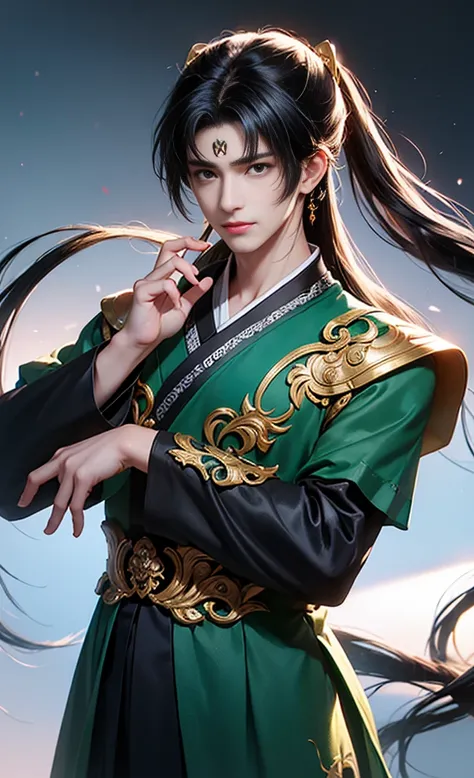 ((Best quality)), ((masterpiece)), (detailed), ((perfect face)), ((halfbody)) pretty face,15 year old boy, teen boy, perfect proportions , Shen Qingqiu character , long black hair, boy version , detailed background, ，High ponytail ,have sports a cinnabar m...