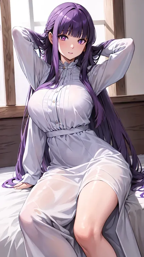 masterpiece, Highest quality, High resolution, Arfern, Long Hair, Purple Hair, Blunt bangs, Purple eyes, Large Breasts, Long dress, White Dress, Long sleeve, Sitting,arms behind head, Bedroom, Cowboy Shot,