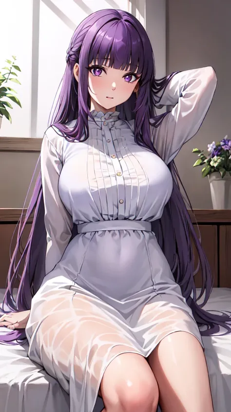 masterpiece, Highest quality, High resolution, Arfern, Long Hair, Purple Hair, Blunt bangs, Purple eyes, Large Breasts, Long dress, White Dress, Long sleeve, Sitting,arms behind head, Bedroom, Cowboy Shot,