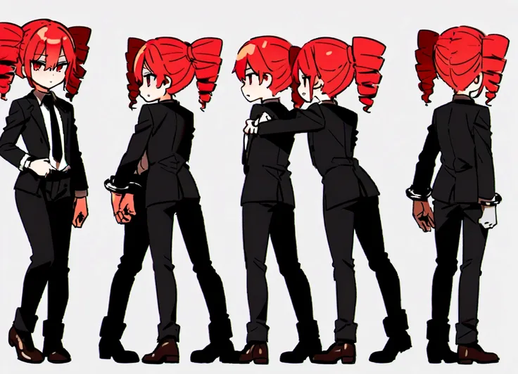 Red hair、Black suit、Black slacks、Wearing leather shoes、Handcuffed