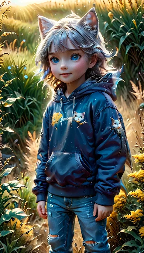 Highest quality, detailed, hyper detailed, beautiful, 8K, Absurd, village, kitten, Happy, smile, Are standing, If you look to the right, Gray Hair, blue eyes, Little, plump, hoodie, jeans, 5 year old, In the grassland, in the afternoon, Fantasy, Realistic,...