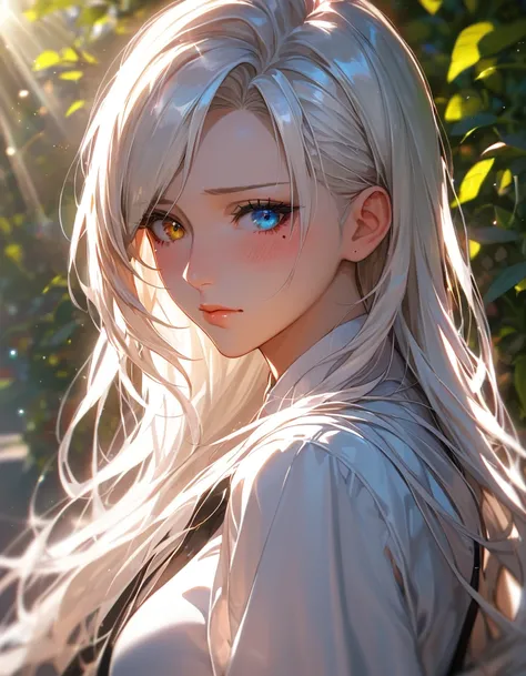 score_9, score_8_up, score_7_up, white hair, mole under eye, mismatched sclera, heterochromia, blush, shy, expressionless, blush, embarrassed, ray tracing, god rays, backlighting, glowing light, anime style, masterpiece, best quality, highres, 1080P, HD, 4...