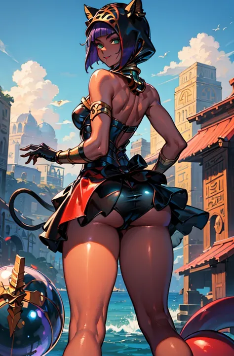 Masterpiece, best quality, absurdres, 1girl, beautiful legs, menat_holiday,  light smile, dark skin, Green eyes, egyptian, bob cut, red dress, (black hood), black gloves,(shiny thighs),, tail, bell, bare shoulders,sexy thighs,(((beautiful leg))),solo,panty...