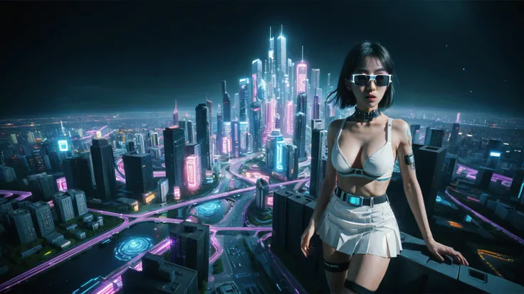 Cyberpunk female plagiarist immersed in digital theft, neon-lit alias within a vast online labyrinth, grotesque grunge brushing into surrealism, illuminated by kaleidoscopic volumetric light, a detailed masterpiece reminiscent of Moebius distinctive style,...