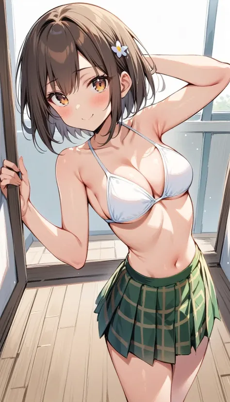 (Masterpiece, Best Quality:1.2), 1 girl, Alone,standing_to divide, Mikan Yuuki, Brown eyes, Brown hair, hair ornament,short hair,green plaid skirt, uniform, Swimsuit, School, pose kawaii, happy face

