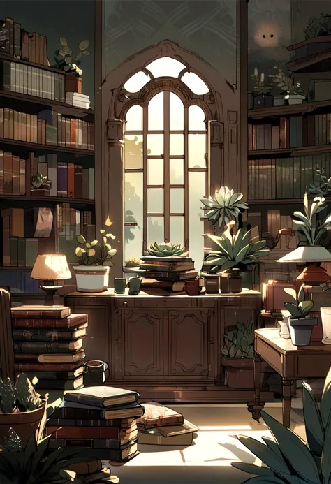 In this enchanting and interactive animated illustration, a gloomy, grandparent-inspired living room comes to life. A bookshelf dominates the scene, filled with an assortment of potted succulent plants, coffee cups, and old, leather-bound books. The centra...