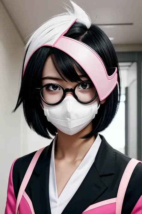 Bnha screenshot.
Very short black hair girl White with black and pink eyes, black glasses and face masks, UA uniform and without emotions