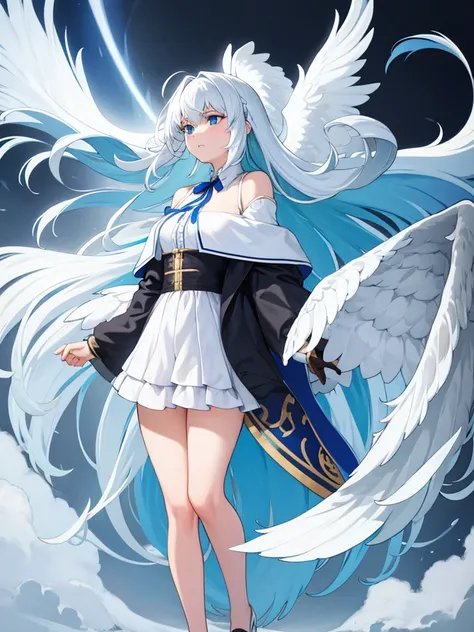 Blue Ribbon, white hair, long hair, wing hair, White wing, off the shoulder coats, white Short dress, full body, concept art, sky inner hair