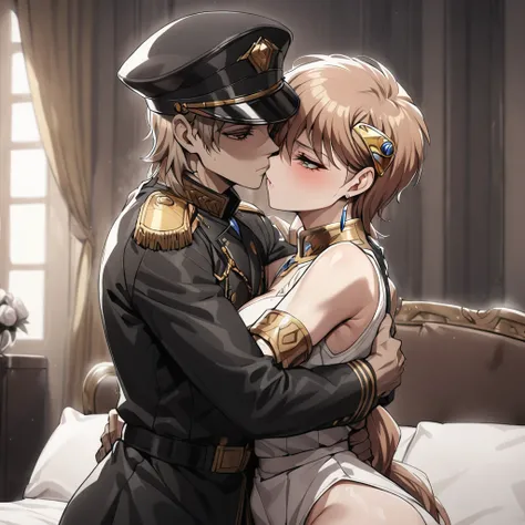 ((Highest quality)), ((masterpiece)), (detailed), （Perfect Face）、The woman is Princess Leona, with medium-long light brown hair, and is wearing a sexy black military uniform and cap for women. In a luxurious room, she is embraced by a strong, dignified, ol...