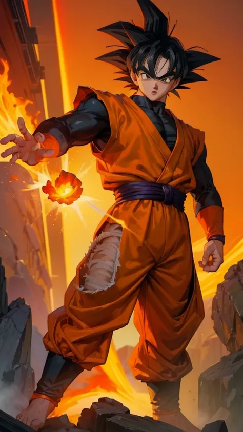 (masterpiece), best quality, ultra-detailed, Goku from Dragon Ball Z with spiky black hair, wearing orange clothes, Retro style.super saiyan.fire. Bonsai Chinese cypress