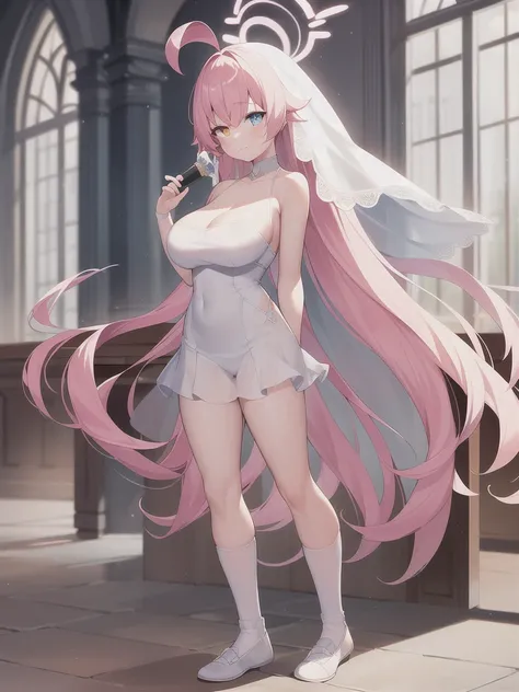 A girl，long hair, Bangs, Pink hair, Hair between the eyes, s eyes，蓝色s eyes:（1.5),  (Large Breasts:1.2), 
rest  锁骨, Wedding dress，veil，wedding，White dress，Flowers，Broken skirt，White socks，Tights，White knee socks，
looking at viewer, whole body,
indoors, chur...