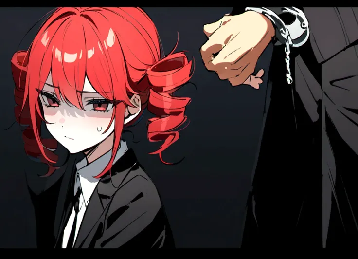 red hair、black suit、handcuffed