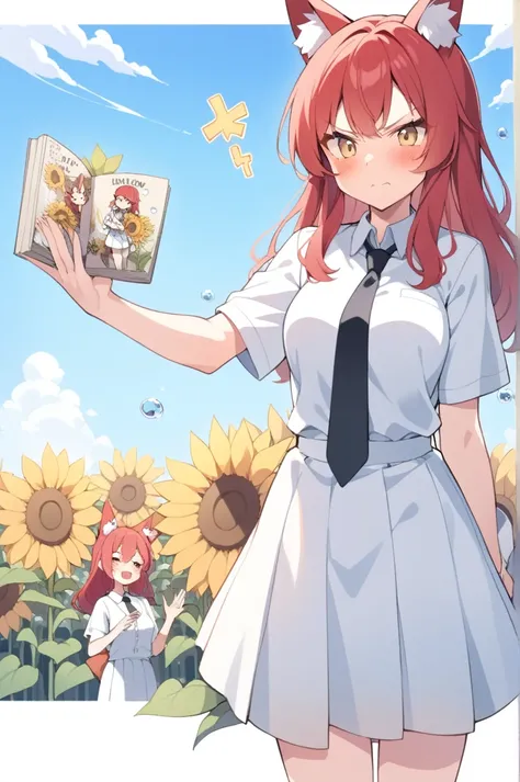 (1girl ,20s,mature female,young),angry face,white shirt,short sleeves,(black standard tie),white school skirt,(red hair),long hair,fox ears, sunflowers, standing alone, flowers, plein-air, manga curta,, blue sky, yellow flowers, blush, (bubble), waving, ...