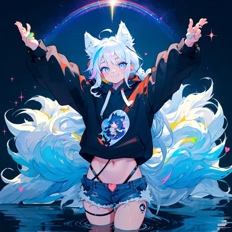 a cute adult male with wolf ears, long white hair, long locks, has a wolf tail, wearing a loose cropped black hoodie, wearing a pair of denim short shorts and fishnet stockings, thick thighs, wide hips, relaxing on mound of fluffy multi colored kawaii plus...