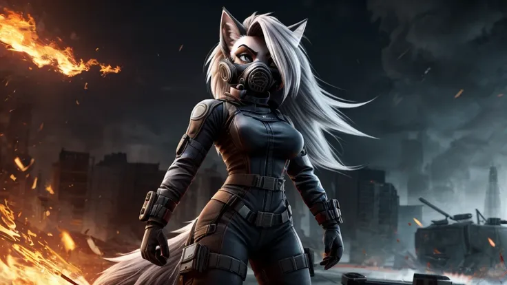 Loona from Helluva Boss, female white wolf, anthro, short white hair, grey eyes, fire resistant ballistic reinforced combat suit, full face gas mask with visor, standing, serious, detailed, solo, beautiful, high quality, 4K