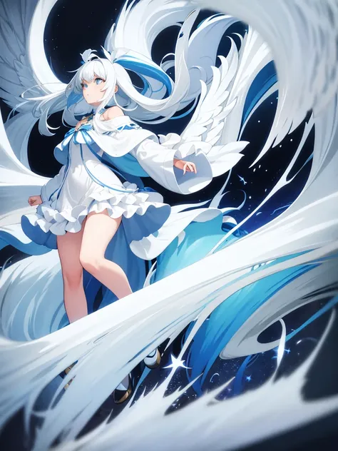 blue ribbon, white hair, long hair, wing hair, white wing, off the shoulder coats, white short dress, full body, concept art, st...