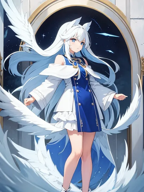 Blue Ribbon, white hair, long hair, wing hair, White wing, off the shoulder coats, white Short dress, full body, concept art, star inner hair