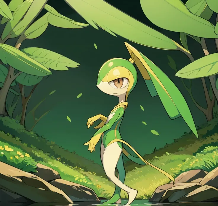 (masterpiece, best quality:1.2),solo,snivy (pokemon),pokemon (creature),full body,no humans,flower field, good lighting, side view, frown, defined tail, pointed snout, beautiful eyes, ancesra art style