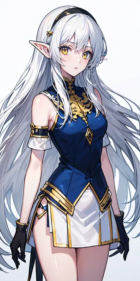 (Masterpiece, best quality, high quality, plain background:1.2) White Shinny Skin female elf, long white silver hair, yellow eyes