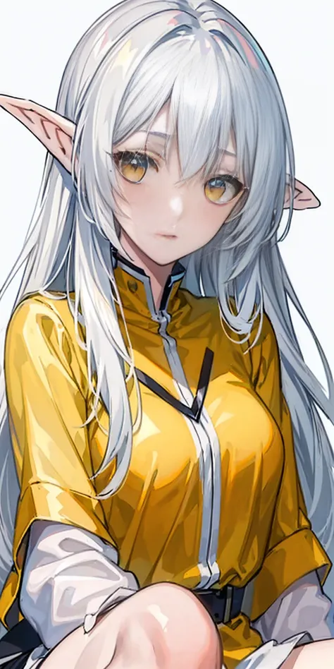 (Masterpiece, best quality, high quality, plain background:1.2) White Shinny Skin female elf, long white silver hair, yellow eyes